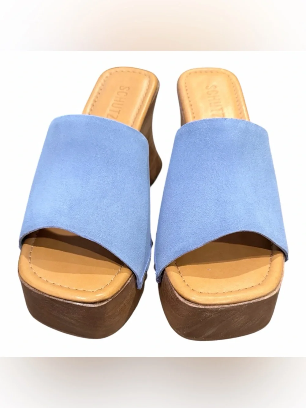 SCHUTZ Light Blue Suede Wooden Platform Slide Sandals